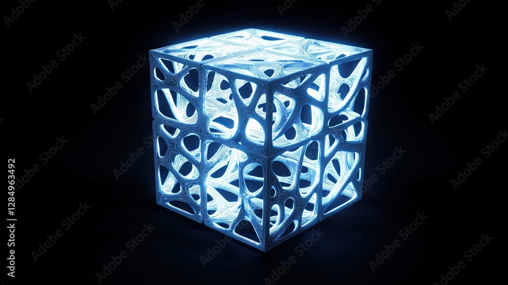 Poster digital 3d rendering of a glowing cube with interlocking geometric shapes.