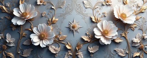 Shiny metallic silver floral pattern on luxury wallpaper, luxury, shiny