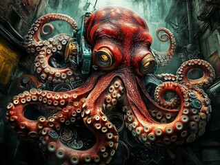 Fototapeta premium Stylish huge octopus in the theme and style of cyberpunk and steampunk. A blend of nature and technology, concept.
