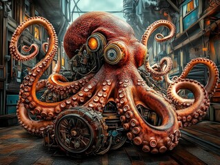 Fototapeta premium Stylish huge octopus in the theme and style of cyberpunk and steampunk. A blend of nature and technology, concept.