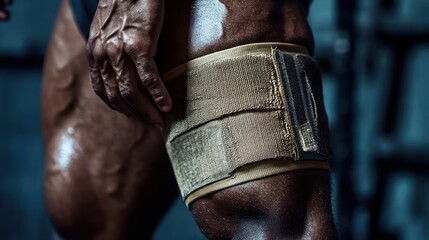 Muscular Leg with Compression Bandage: A Close-Up of a Bodybuilder's Thigh