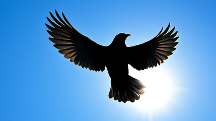 Obraz premium A black bird is flying in the sky with the sun shining on it