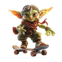 A Mischievous 3D Cartoon Goblin Riding a Small Skateboard Isolated on Transparent Background