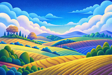 Obraz premium Vibrant rolling hills landscape with fluffy clouds and trees under a blue sky.