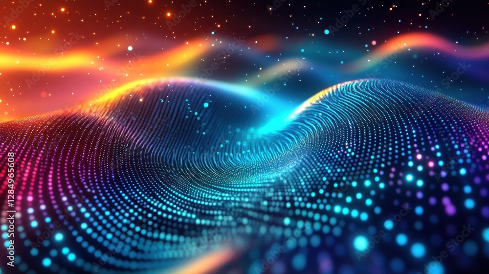 Poster abstract digital waveform: vibrant colors and glowing particles in a dynamic 3d render