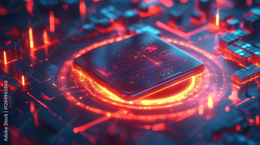 Poster quantum processor generating glowing red light, symbolizing intense data processing and advanced tec