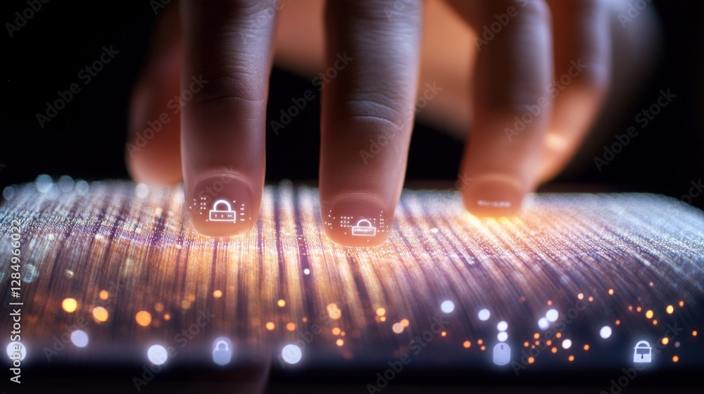 Poster fingers interacting with a futuristic touchscreen displaying glowing security icons, symbolizing dat
