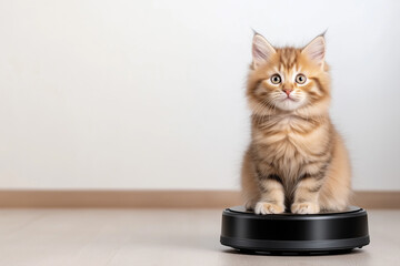 Fototapeta premium Adorable Maine Coon kitten: fluffy, cute, feline, and playful with a robot on the floor