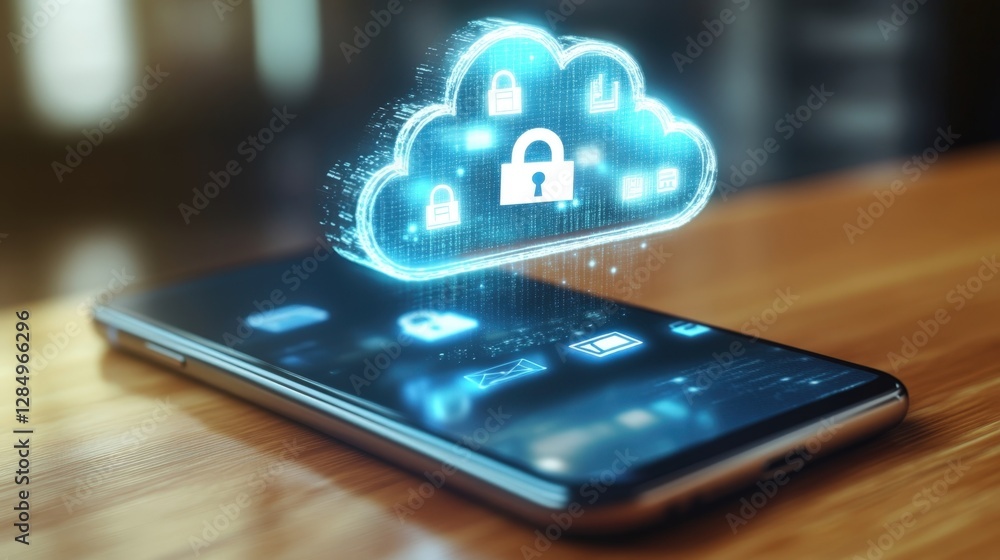 Poster hologram of cloud computing with security icons is being projected from smartphone laying on wooden 