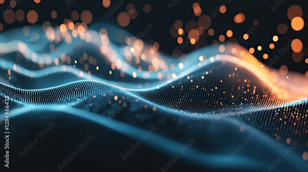 Poster dynamic digital composition of flowing data with light and shadow effects.