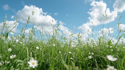 Fototapeta premium Sunny Field of White Flowers Under a Cloudy Sky