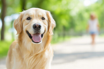 Golden Retriever dog smiling in a park, outdoors on a sunny day with a friendly, happy vibe