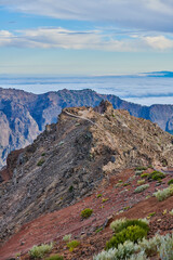 Mountain, nature and scenic valley with view of natural environment in La Palma, Spain. Earth, landscape and rocky location of volcanic terrain at Roque de los Muchachos in Europe for sightseeing
