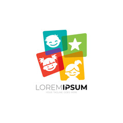 Square logo and kids, small children gathering and playing happily