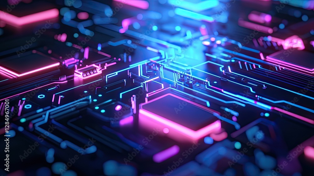 Poster dynamic glowing circuit board in neon colors on a dark background, perfect for high-tech designs, di