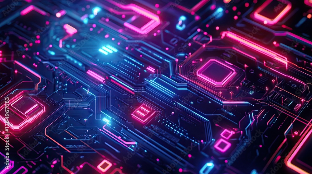 Poster dynamic glowing circuit board in neon colors on a dark background, perfect for high-tech designs, di
