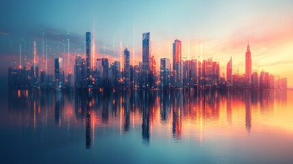 Fototapeta premium Glowing city skyline reflects on water during sunset time