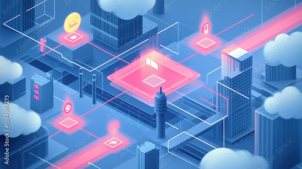 Poster futuristic isometric city with interconnected buildings and cloud computing, symbolizing data manage