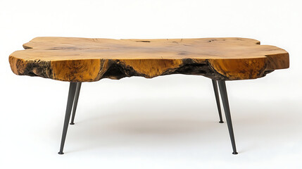 A wooden table with metal legs and a black frame