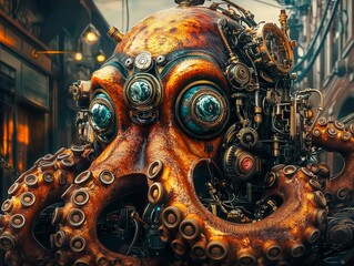 Stylish huge octopus in the theme and style of cyberpunk and steampunk. A blend of nature and technology, concept.