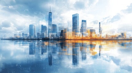 Abstract cityscape featuring prominent skyscrapers reflected in calm waters