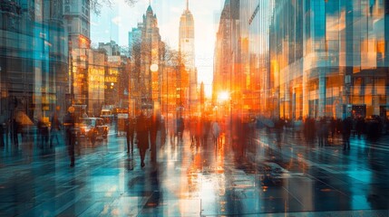 Fototapeta premium City street scene with blurred pedestrians and golden sunset