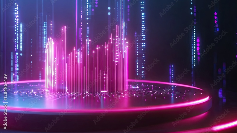 Poster dynamic holographic data visualization with glowing graphs and futuristic elements.