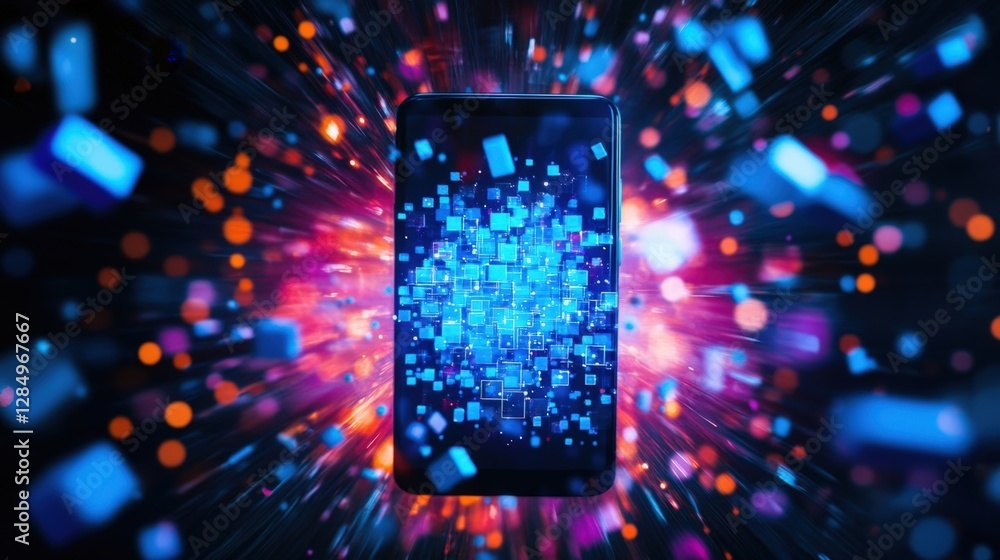 Poster mobile phone displaying transforming data surrounded by colorful lights and squares, representing a 