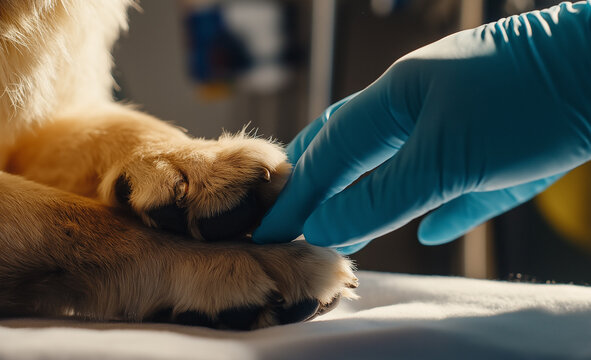 dog paws with veterinarian hand in gloves showing comfort, care, and animal friendship