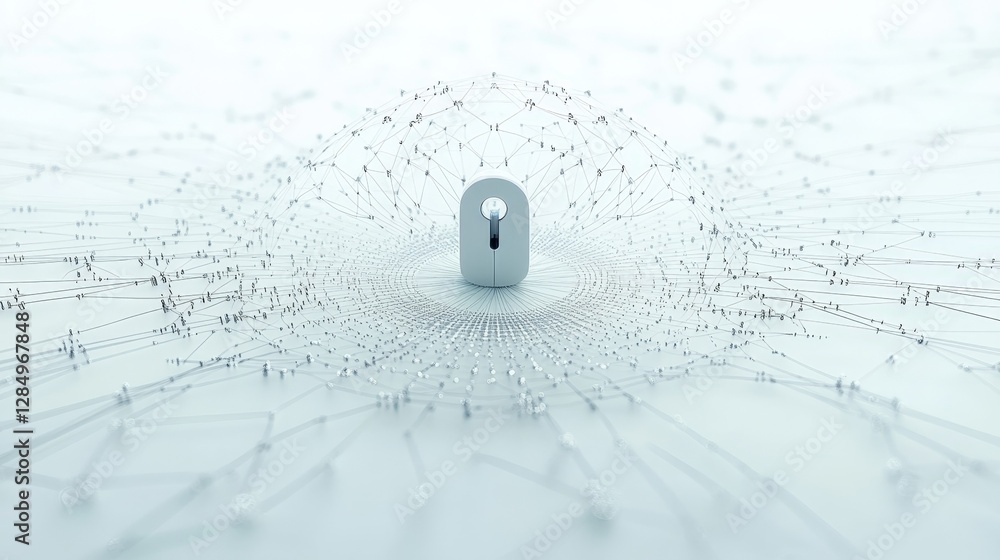 Poster white wireless mouse with keyhole placed in center of radiating digital network lines and nodes repr