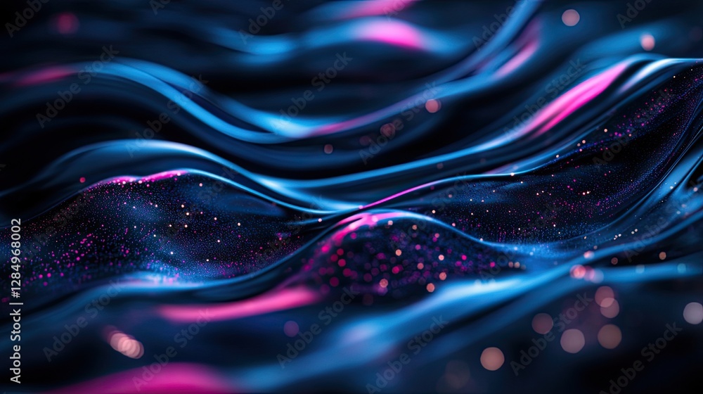 Poster dynamic liquid patterns with glowing streaks, symbolizing digital energy and fluidity.