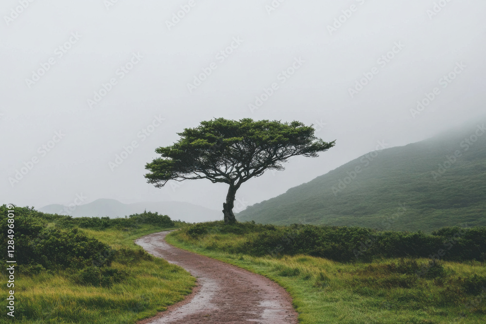 Poster a tree stands alone in a grassy field with a path leading to it