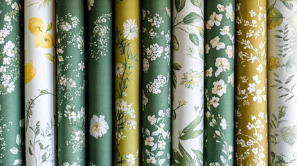 A collection of patterned fabric rolls featuring floral designs in green and yellow hues.