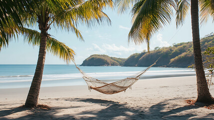 A beach scene with a hammock hanging between two palm trees