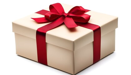 Obraz premium Beige gift box, red ribbon, white background, holiday