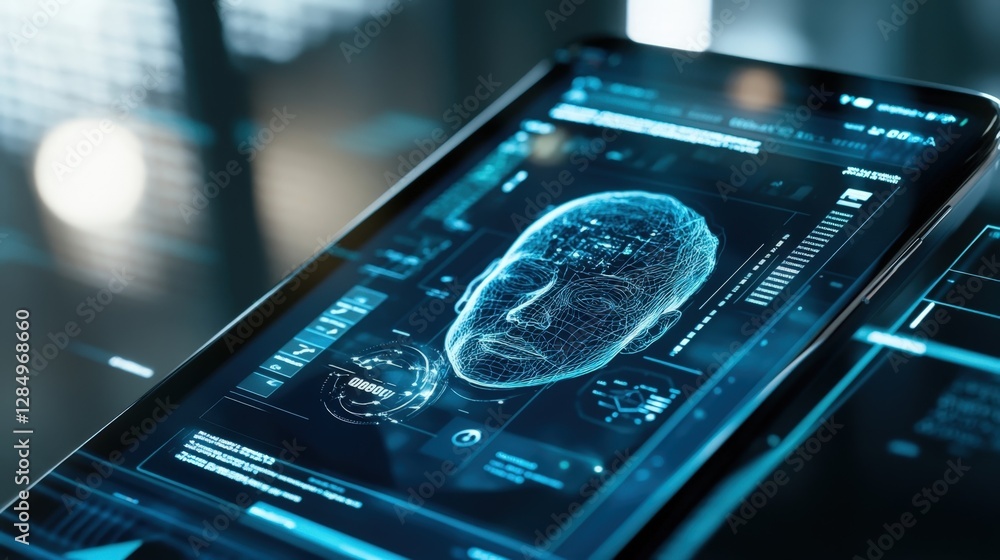 Aufkleber futuristic tablet is displaying rotating three dimensional head scan with futuristic user interface,
