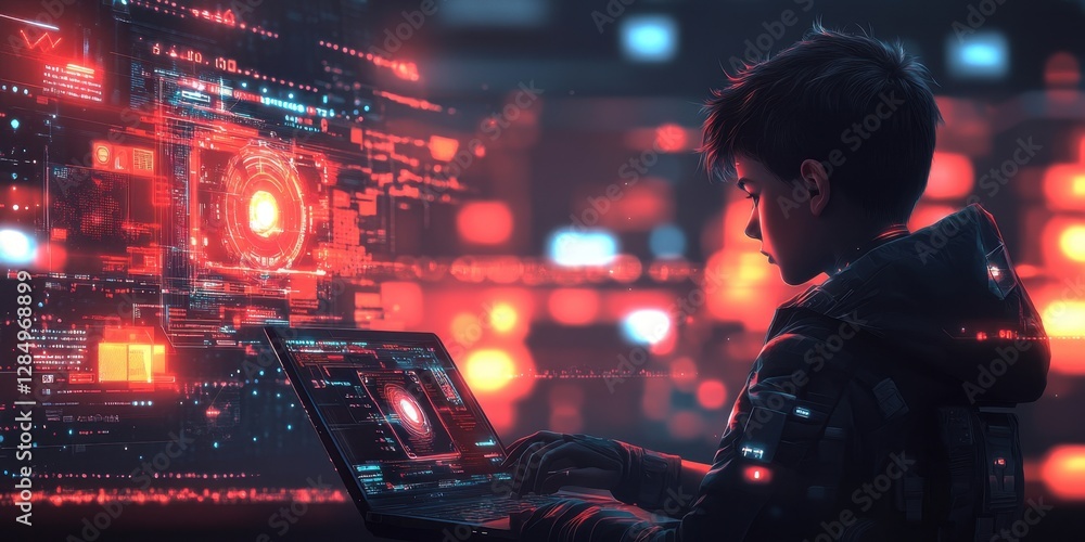 Poster a young tech enthusiast engaging with futuristic digital interface in a high-tech environment