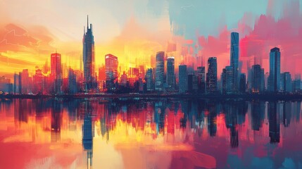 Obraz premium Abstract cityscape at sunset reflected in calm water below