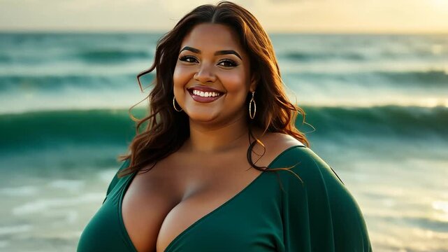 Beautiful plus size hispanic woman smiling at the beach at sunset in dress