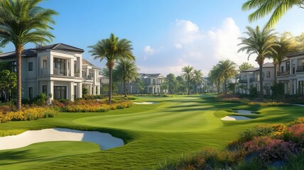 Golf course community, luxury real estate, 3D illustration