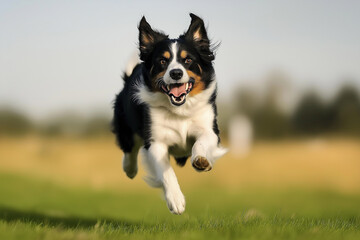 Fototapeta premium Border Collie dog running happily on grass, outdoors, active and playful, energetic and joyful pets