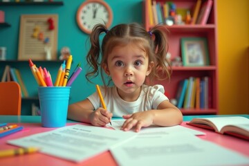 Curious little girl with pigtails and white shirt writing with pencil at colorful school desk with books and art supplies in bright classroom setting for education, learning, childhood, study concept