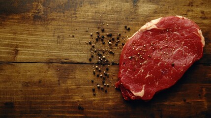 Fresh Raw Steak on Rustic Wooden Table with Peppercorns and Spices Ready for Preparation
