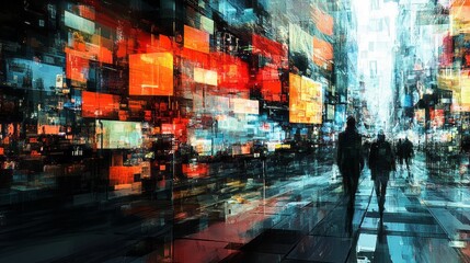 Obraz premium Abstract futuristic city street scene with walking people silhouettes