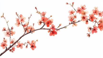 A delicate branch of pink cherry blossoms against a white background.