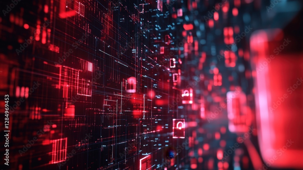 Poster digital server room network visualization showing a cyber security breach alert with red glowing lig