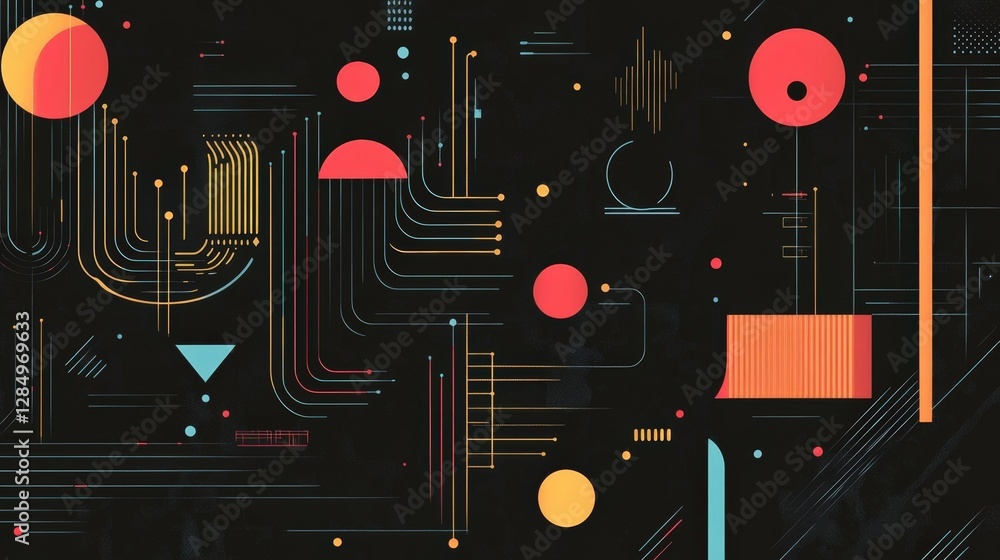 Poster abstract illustration featuring colorful geometric shapes and interconnected lines on a dark backgro