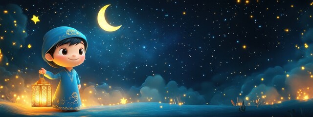 Naklejka premium A Bright Starry Night: A Joyful Child in Blue with Lantern Under the Moonlight
