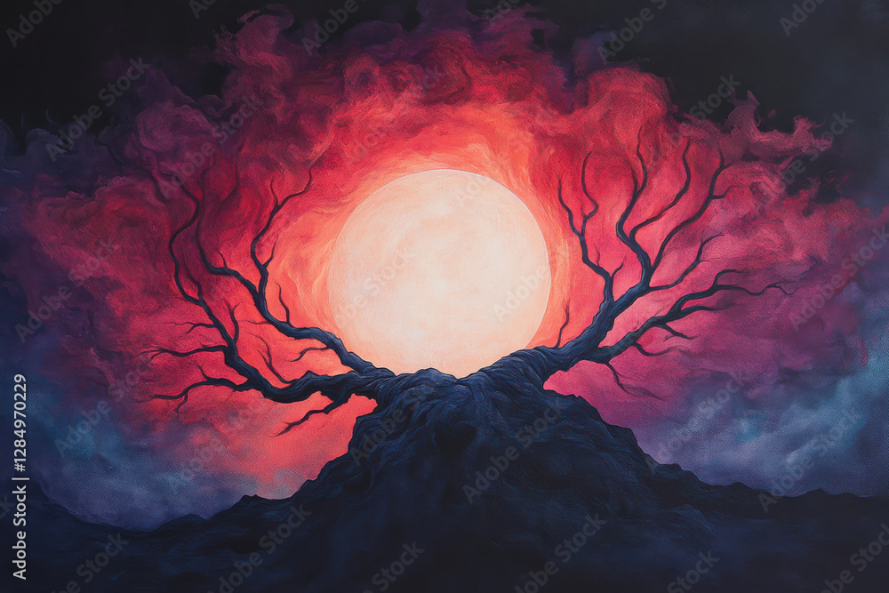 Poster a painting of a tree with a large moon in the background