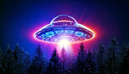 Abstract, high-resolution 3D glass UFO with Christmas lights hovering over a pine tree forest-like